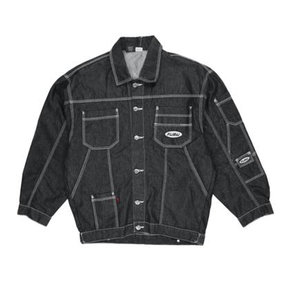 FUBU Vintage Black Denim Jacket Large 100 Percent Cotton Collared