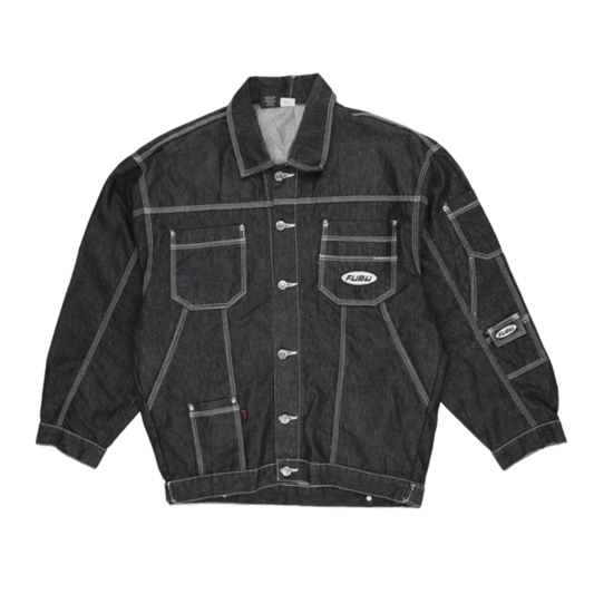 FUBU Vintage Black Denim Jacket Large 100 Percent Cotton Collared
