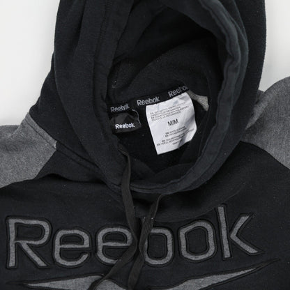 Reebok Pullover Hoodie Black Grey Colourblock Embroidered Logo Men's Medium 60% Cotton 40% Polyester