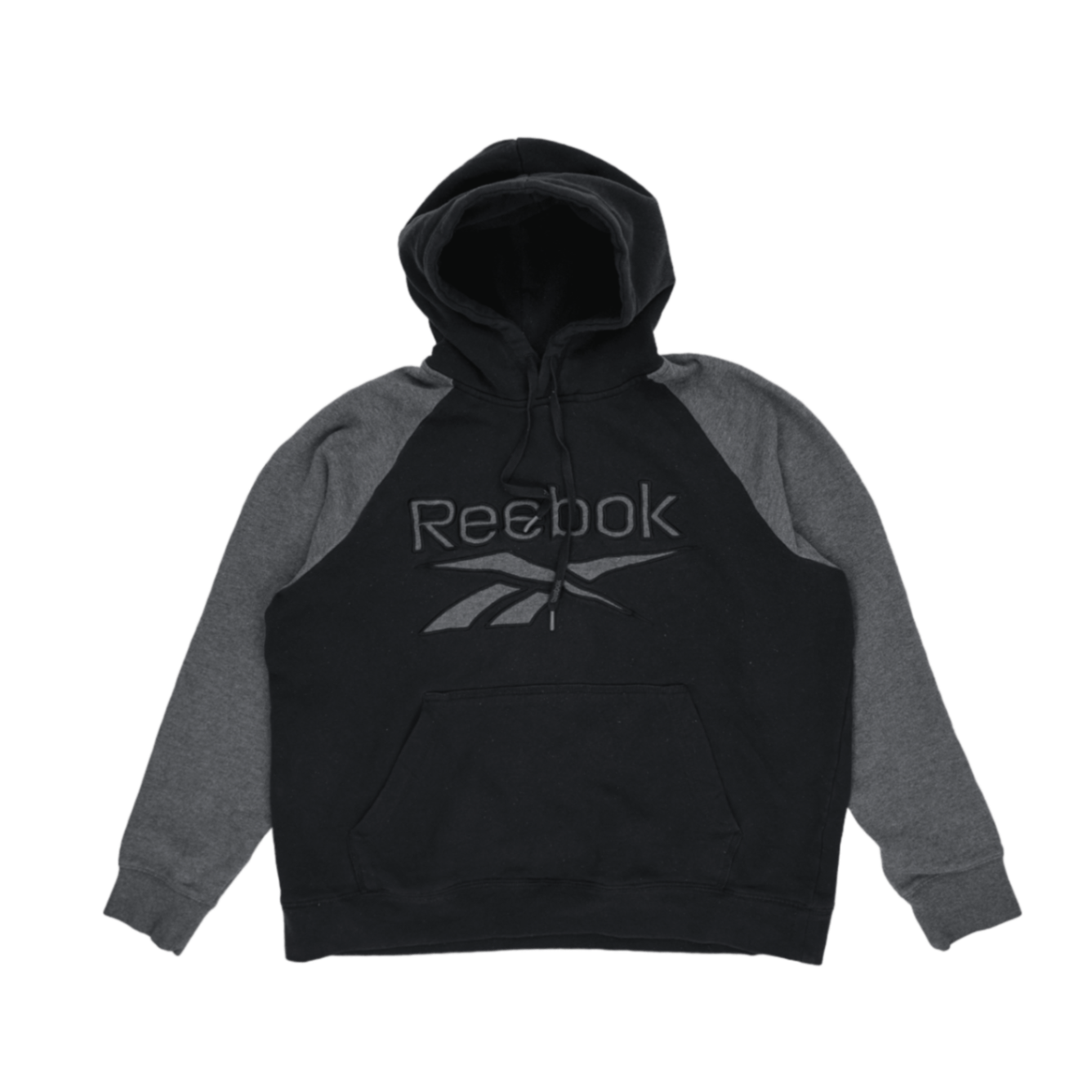 Reebok Pullover Hoodie Black Grey Colourblock Embroidered Logo Men's Medium 60% Cotton 40% Polyester
