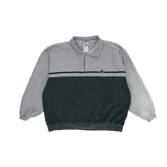 Adidas Vintage Polo Sweatshirt Grey Black Cotton Blend Size L 90s Retro Sportswear