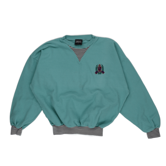 ASICS Vintage Crew Neck Sweatshirt Blue Green XS Cotton Blend Unisex